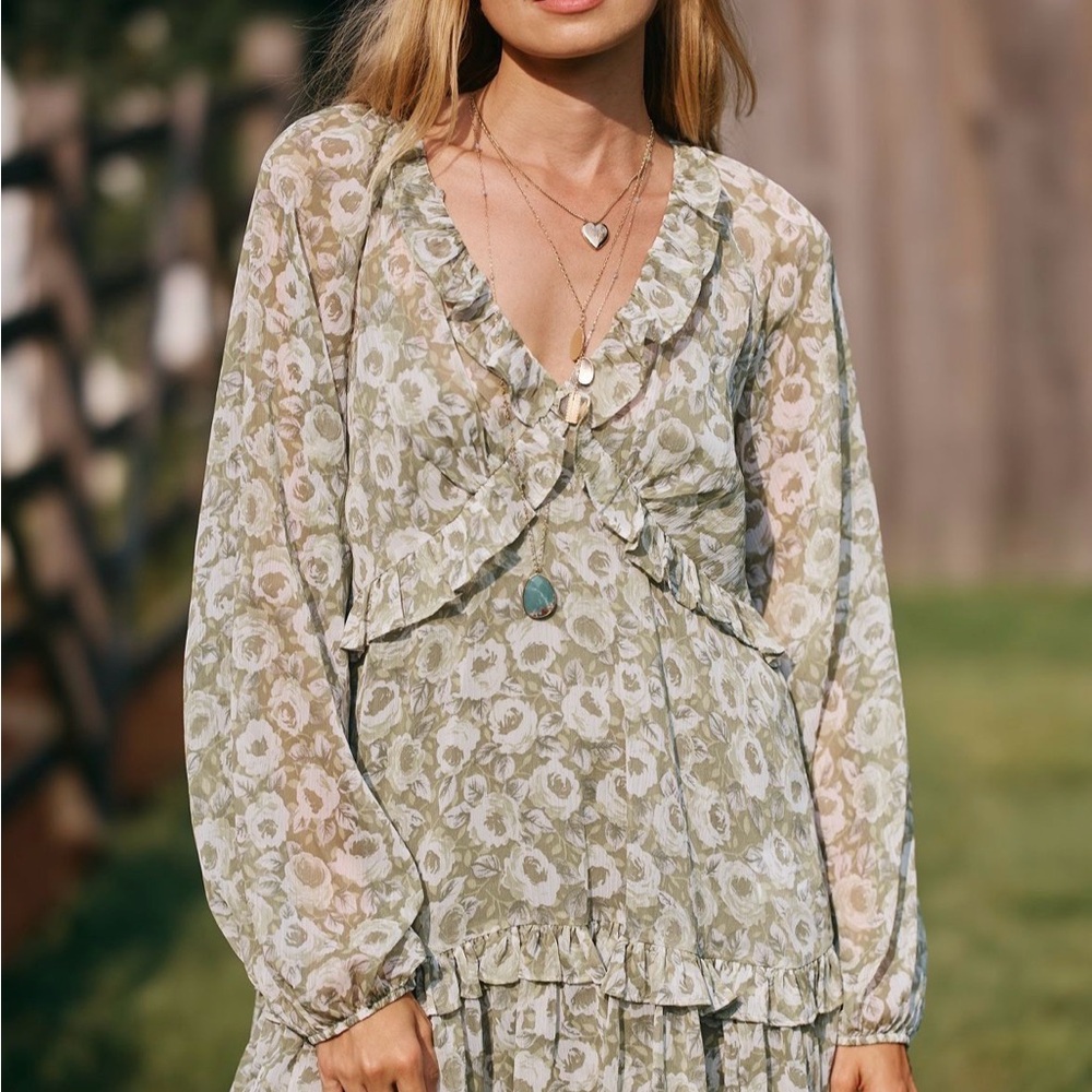 Anthropologie Floral Mini Dress - Green and Cream
